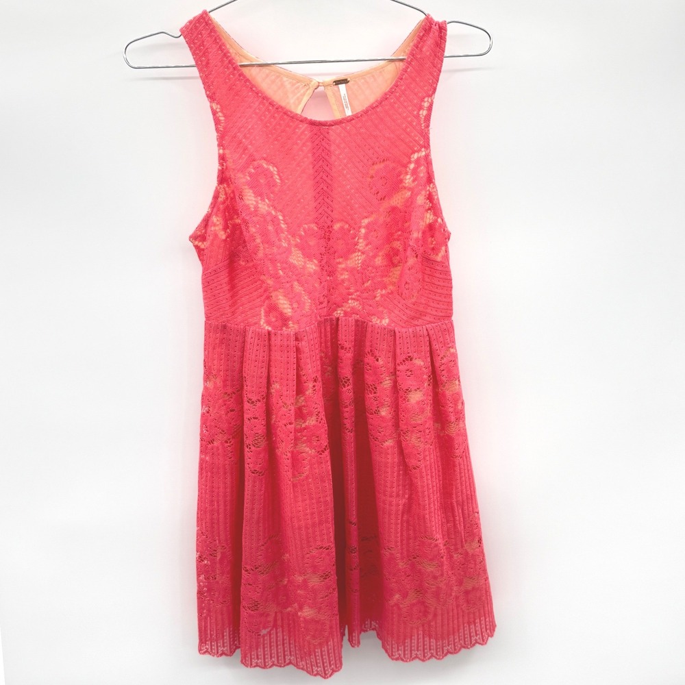 Free People Pink Lace Sleeveless Fit & Flare Mini Dress Open Back Size 6 Boho